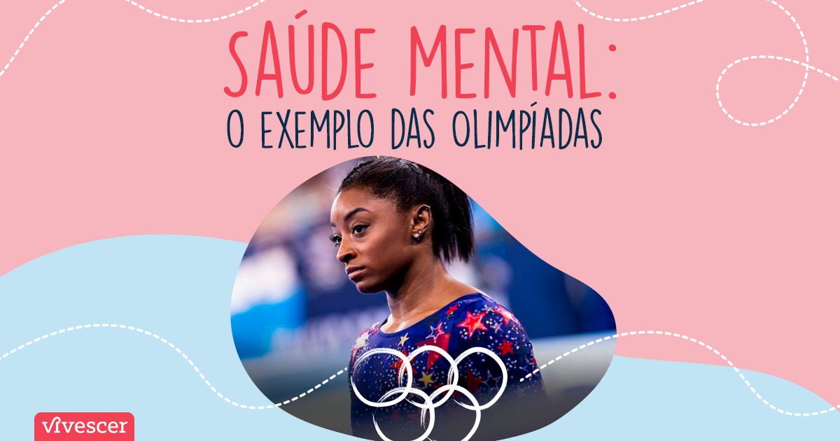 Atleta Simone Biles e texto "saúde mental: o exemplo das olimpíadas"