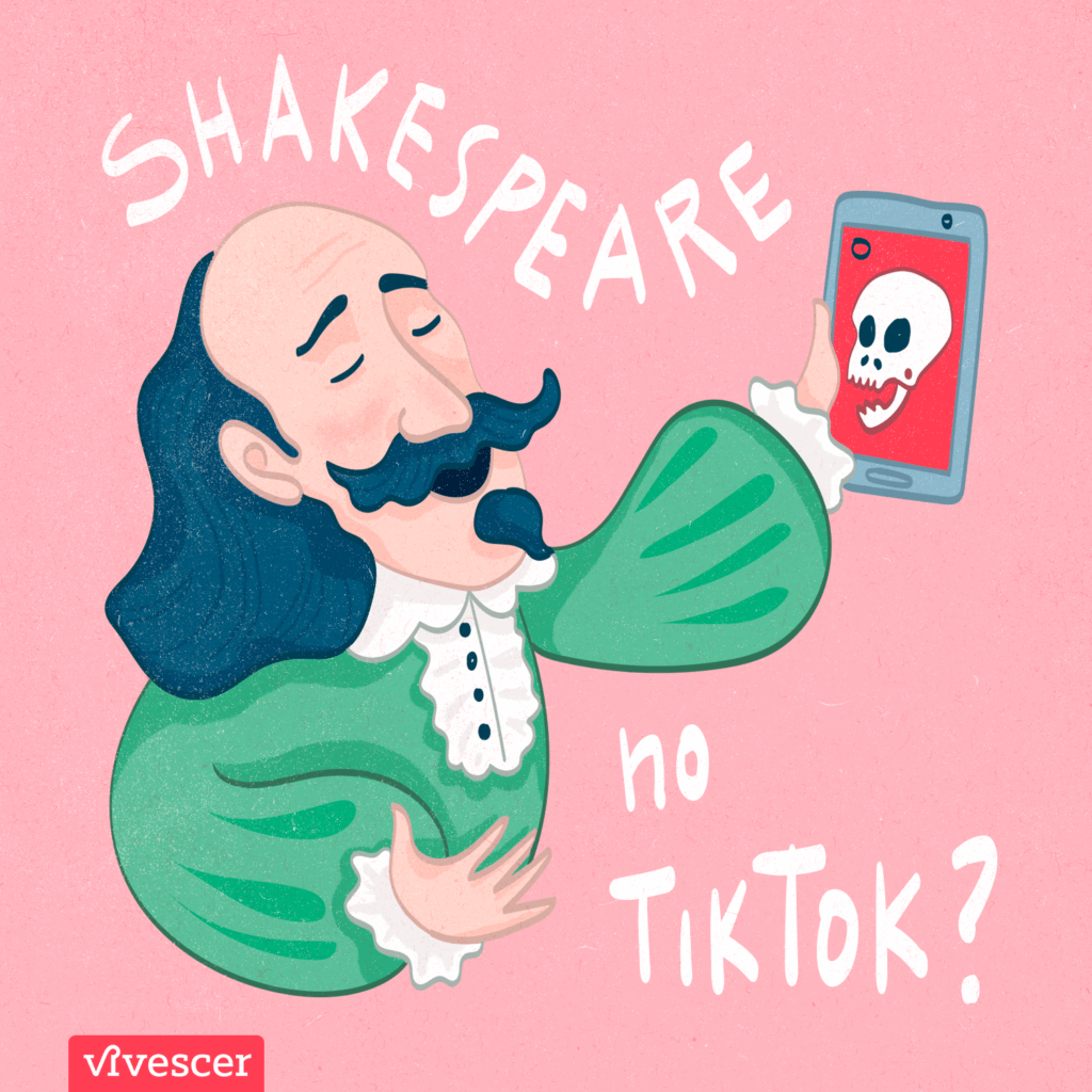 Ilustração do escritor William Shakespeare segurando um celular. Ele age como se estivesse tirando uma selfie. Na tela do celular, há o desenho de uma caveira. Texto da imagem: Shakespeare no TikTok?