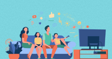 Ilustração de uma família de 4 pessoas sentada em um sofá, diante de uma televisão.