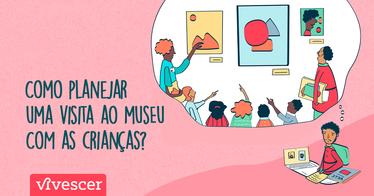 A imagem contém um professor com um balão de pensamento que dentro tem a cena do professor com seus alunos, crianças entre 5 e 7 anos de idade, observando quadros em uma exposição de artes no museu